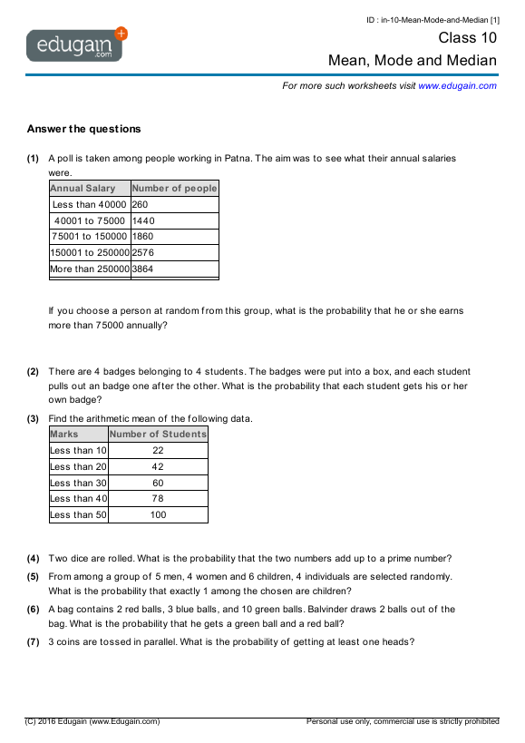 mean median mode worksheets pdf with answers