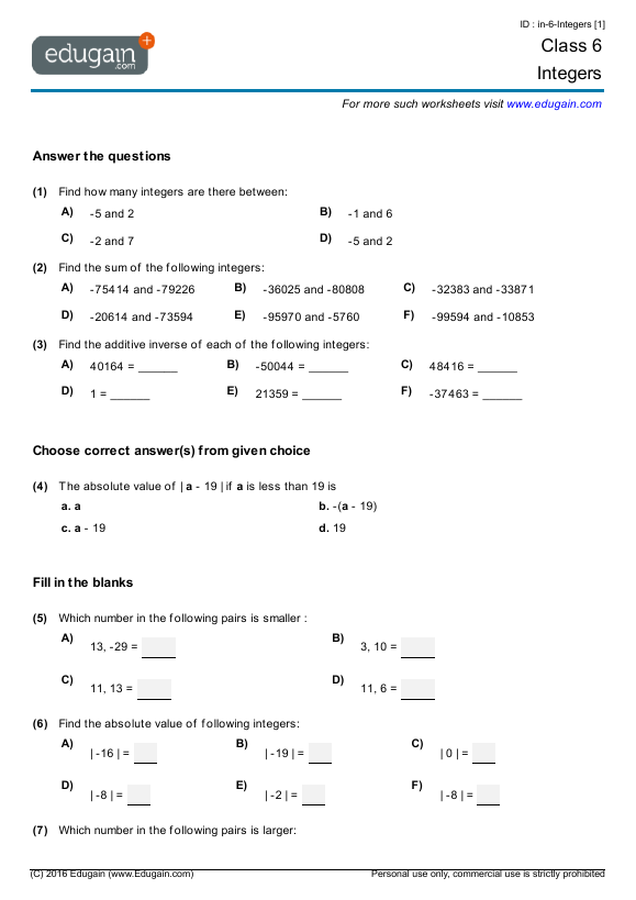 Grade 6 Integers Math Practice Questions Tests Worksheets 