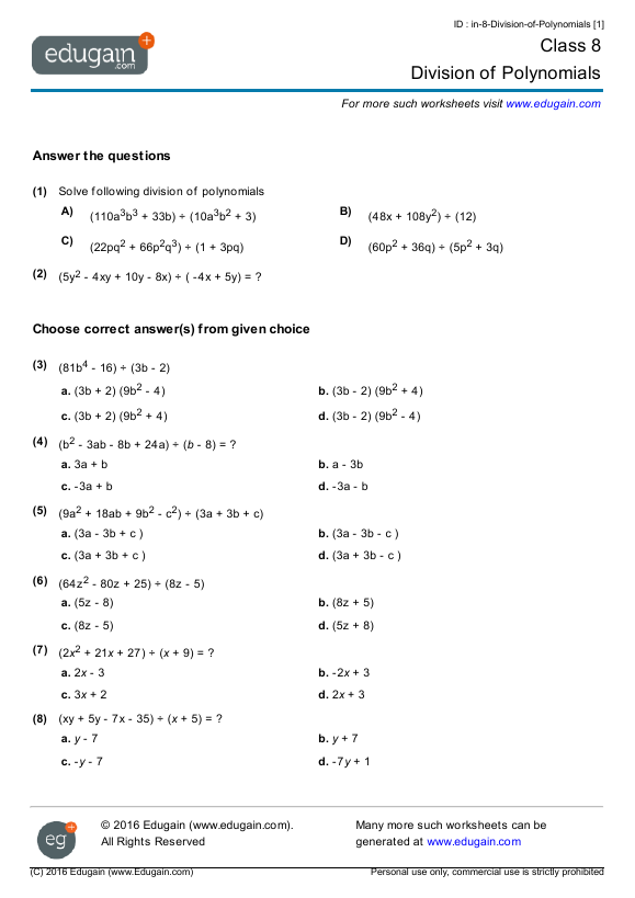 Grade 8 - Division of Polynomials | Math Practice, Questions, Tests